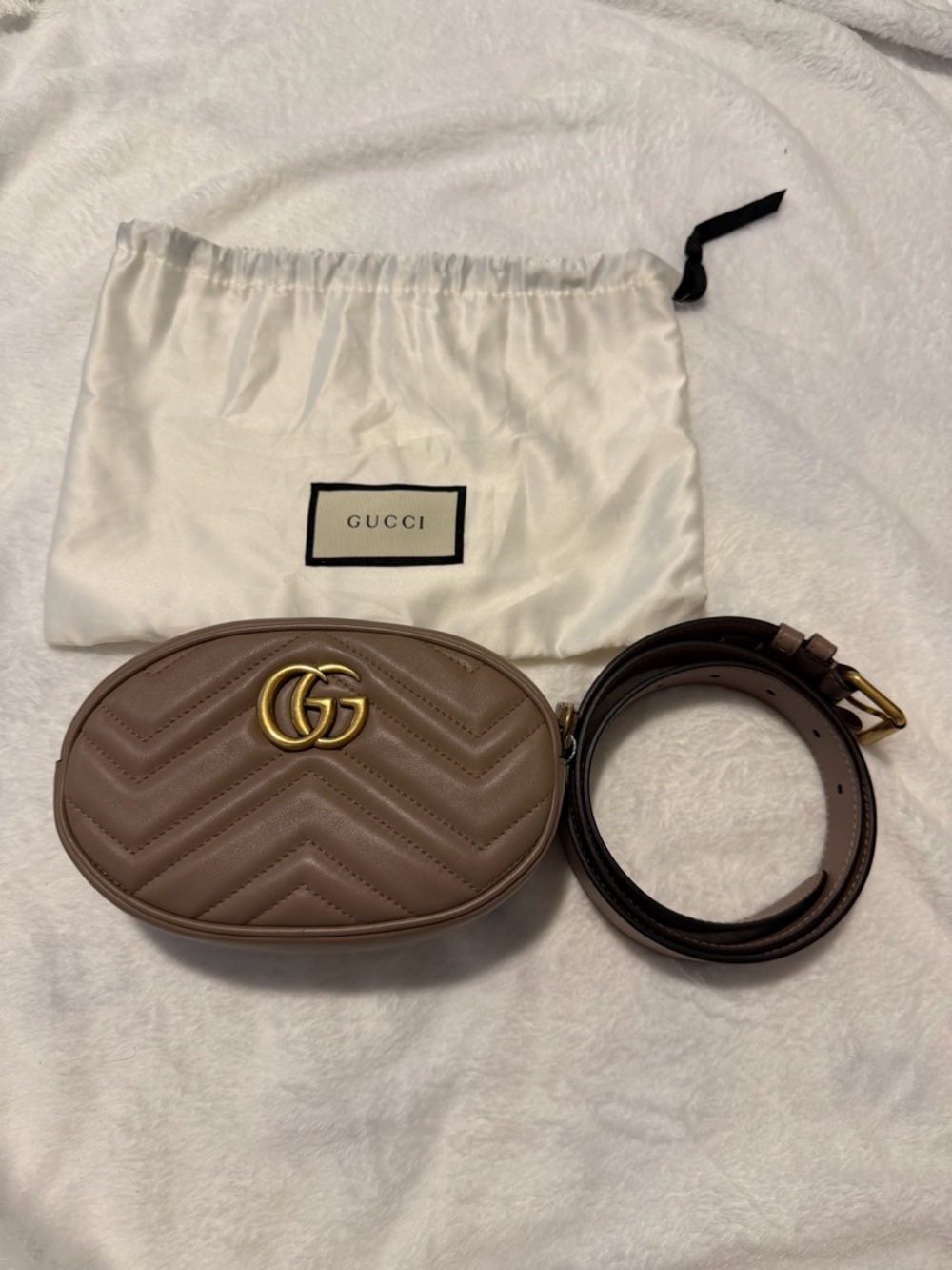 Gucci Matelassé Leather Crossbody Belt Bag in Taupe
